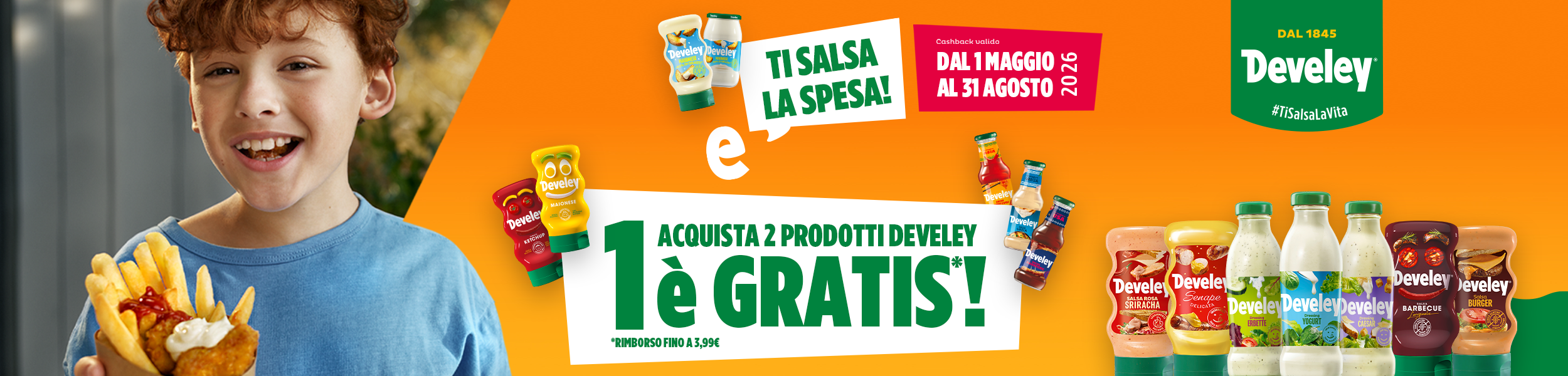 Immagine desktop col titolo della meccanica Cashback Ti salva la spesa. Con l'acquisto di 2 prodotti Develey, ricevi il rimborso del più caro fino ad un massimo di 3,99€.