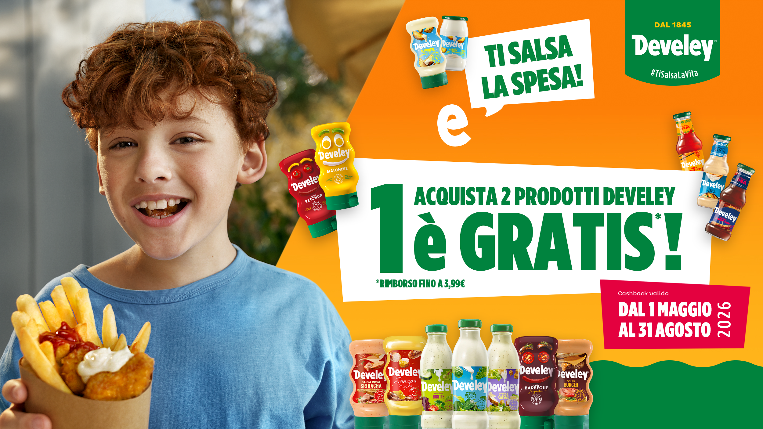 Immagine desktop col titolo della meccanica Cashback Ti salva la spesa. Con l'acquisto di 2 prodotti Develey, ricevi il rimborso del più caro fino ad un massimo di 3,99€.