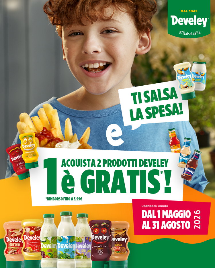 Immagine desktop col titolo della meccanica Cashback Ti salva la spesa. Con l'acquisto di 2 prodotti Develey, ricevi il rimborso del più caro fino ad un massimo di 3,99€.